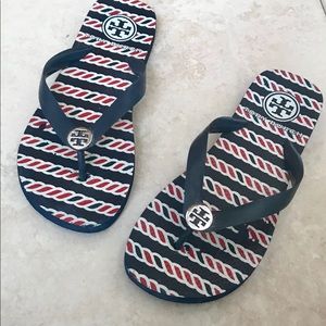 Tory Burch red, white and blue flip flops